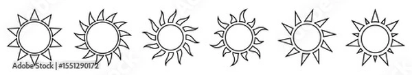 Fototapeta Collection of sun icons in black outline style. Perfect for weather apps, minimal designs, nature themes, and decorative elements. Icons, vector, symbols.