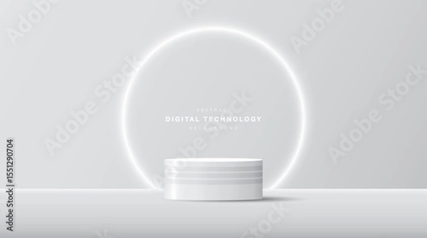 Obraz 3D product display stand. White geometric platform on grey technology background. Abstract geometric shapes in a simple design. Fashion stage mockup scene. Studio product display. Hi tech digital