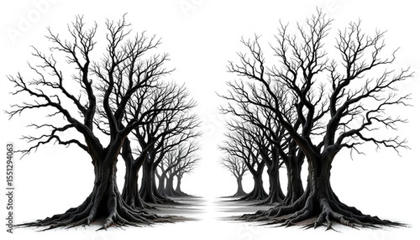 Obraz Set of Old Bare Dead Trees Without Leaves on Transparent Background – Plant Life and Nature Decay Concept