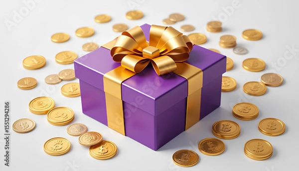 Obraz Purple Gift Box with Gold Bow and Scattered Coins – Vector Illustration of Wealth and Celebration