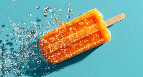 Fototapeta Orange popsicle with melting drops on turquoise background. Summer frozen treat with wooden stick and shadow. Ice cream and refreshing dessert concept