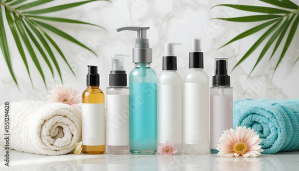 Obraz Cosmetic Bottles with Towels and Flower Isolated on Transparent Background – Spa and Beauty Care Concept
