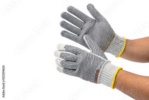 Fototapeta A pair of hands wearing gray cut resistant gloves with yellow trim in a neutral position