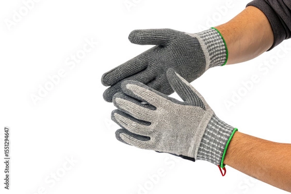 Fototapeta A pair of hands wearing gray and white work gloves against a black background in a studio shot