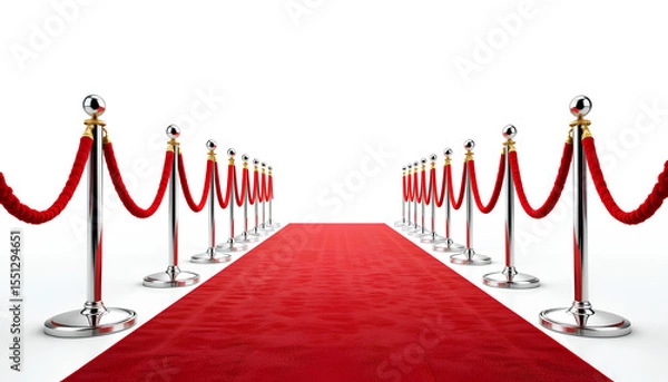 Obraz Perspective View of Red Velvet Rope Barrier with Silver Poles and Red Carpet– VIP Access and Event Entrance Concept