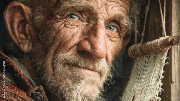 Fototapeta Elderly weaver merging traditional craft with holographic textile art.