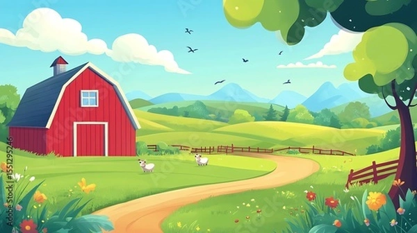 Obraz Colorful cartoon farm scene with red barn green nature and playful peaceful countryside vibe for children illustrations