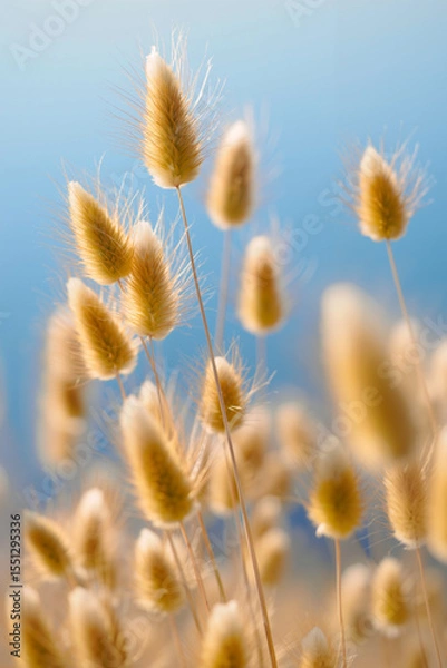 Obraz Delicate golden grasses rise against a backdrop of blue sky, creating a peaceful atmosphere that invites calm and reflection in nature in summer. Generative AI.