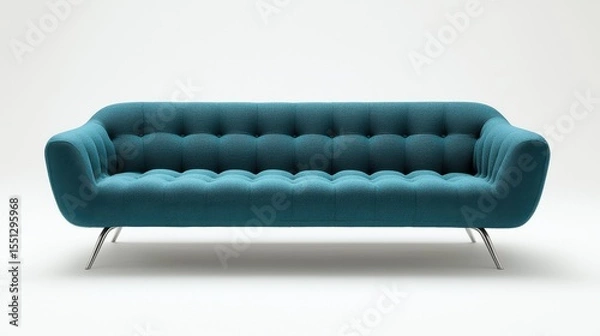 Fototapeta Modern teal sofa with tufted design and sleek metal legs displayed against a minimalistic background