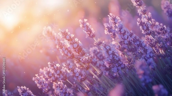 Fototapeta Lavender field at sunset showcasing vibrant purple blooms and serene atmosphere in a natural setting