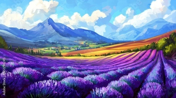 Fototapeta Lavender fields bloom beneath a vibrant blue sky in a lush mountainous landscape during warm summer days