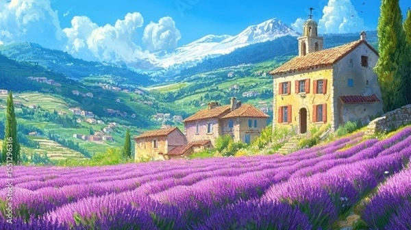 Fototapeta Lavender fields bloom in Provence under a bright blue sky with mountain backdrop on a sunny day