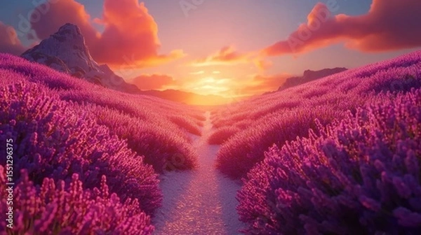 Fototapeta Lavender fields under a vibrant sunset create a captivating landscape filled with color and tranquility
