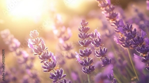 Fototapeta Lavender flowers bloom under golden sunlight in a serene field during the late afternoon hours