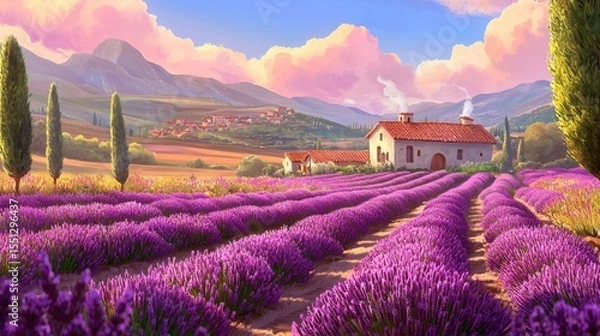 Fototapeta Lavender fields stretch across the hillside under a vibrant sky with mountains in the background during sunset in a rural setting