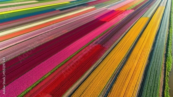 Fototapeta Vibrant rows of tulips bloom in colorful patterns across a Dutch landscape during springtime, showcasing nature's beauty