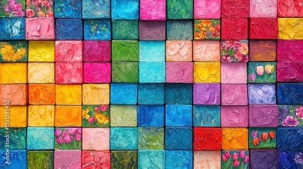 Fototapeta Colorful arrangement of painted blocks showcasing various hues and floral designs in an artistic display