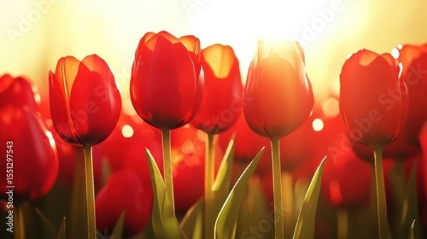 Fototapeta Colorful red tulips bloom under golden sunlight in a serene spring garden setting