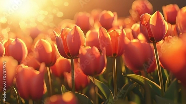 Fototapeta Bright tulips basking in golden sunlight during a serene spring morning in a flower field