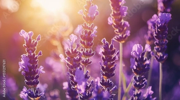 Fototapeta Lavender blooms shining in the sunlight during a serene evening in a garden setting