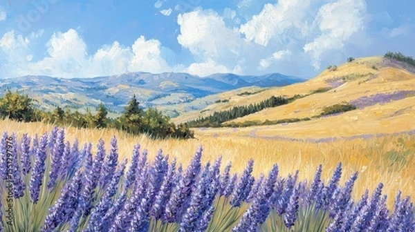 Fototapeta Lavender fields bloom under a clear blue sky in a scenic mountain landscape during summer
