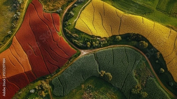 Fototapeta Colorful fields transform the landscape in a vibrant patchwork of nature during springtime