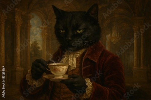 Fototapeta Regal feline enjoying tea in elegant setting - perfect for art and decor