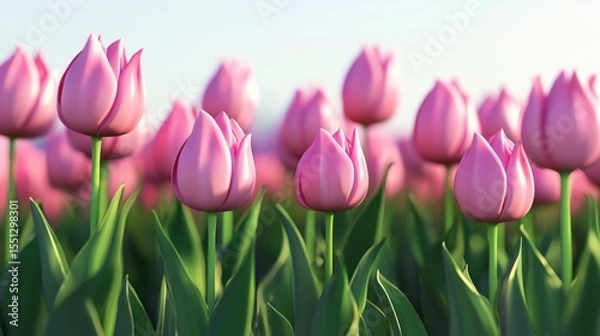 Fototapeta Vibrant pink tulips bloom in a colorful field during springtime at a scenic garden
