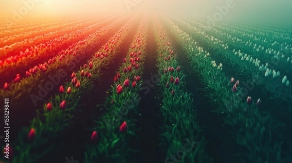 Fototapeta Fields of vibrant tulips blossom under the soft glow of early morning light in a serene landscape