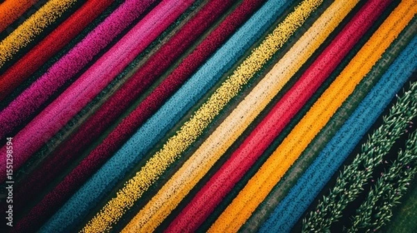 Fototapeta Vibrant rows of tulips bloom in colorful stripes across the fields during the spring season in a scenic location