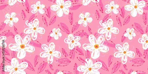 Fototapeta Seamless vector floral pattern featuring white abstract daisy like flowers with textured brush strokes on a vivid pink background. Template for textiles, wallpapers, packaging, and kids decor