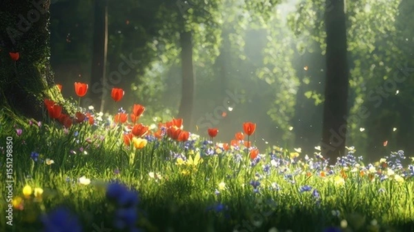 Fototapeta Vibrant wildflowers bloom under golden sunlight in a serene forest setting during springtime