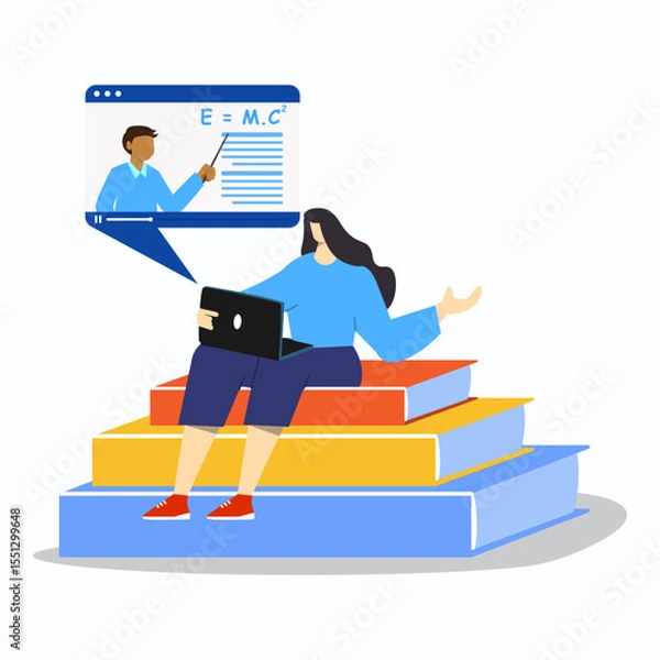 Obraz A woman sitting on big icon stack of books with using laptop to following online course. Onlie education concept.