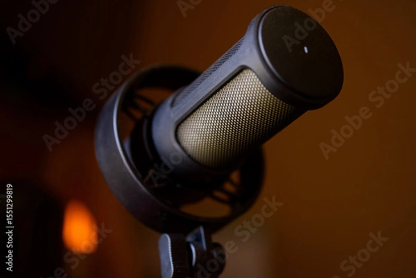 Obraz Close-up of a professional condenser microphone in a shock mount against a dark background with warm bokeh highlights. Photo. Selective focusing. High resolution