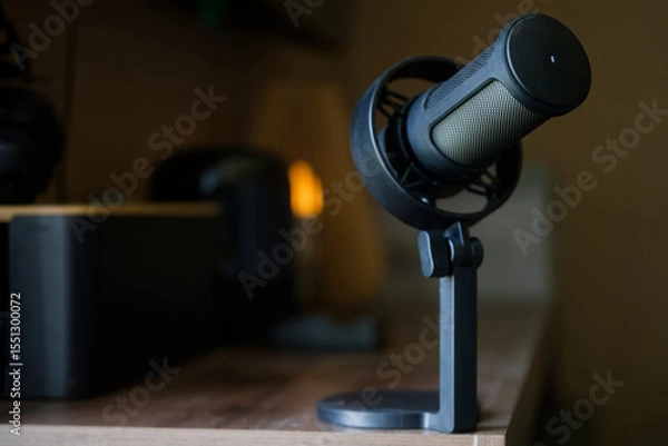 Obraz Close-up of a microphone on a desk in a dark home studio environment with blurred background suggesting podcasting or streaming setup. Photo. Selective focusing. High resolution