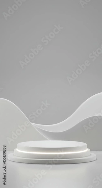Fototapeta Minimalist White Product Display Podium with lighting ring on Grey Background
