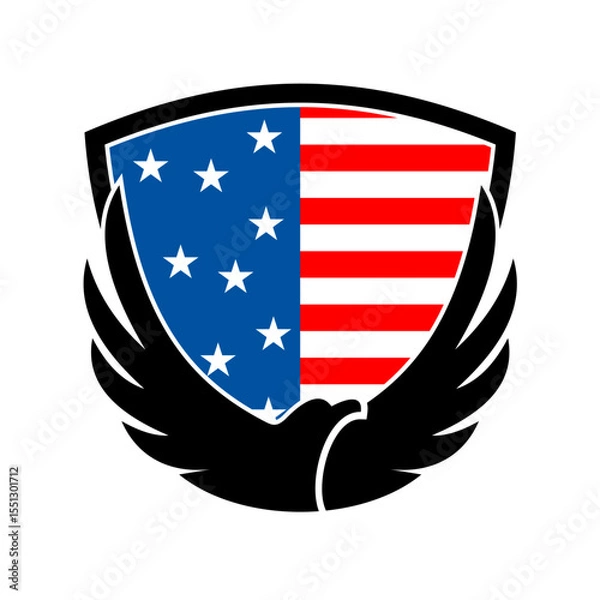 Fototapeta Eagle spreading wings in the america flag and shield shape vector logo
