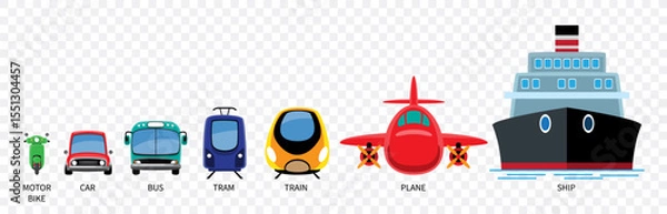 Fototapeta Transportation vehicles cartoon illustration included motorcycle, car, bus, tram, train, plane, ship . Flat design . Isolate on white background . Vector .