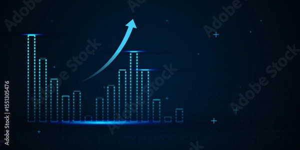 Fototapeta A glowing arrow curves upward from the chart’s highest bar, symbolizing strong growth and positive trend direction. vector illustration