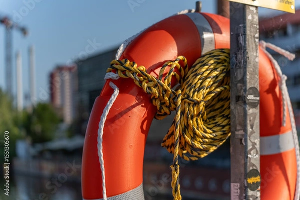 Fototapeta An orange lifebuoy with a yellow rope is attached to a post. The scene depicts safety precautions on the water.