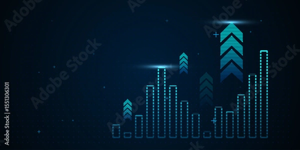 Fototapeta A glowing blue bar chart with rising columns on dark background, symbolizing data growth and financial progress.. vector illustration