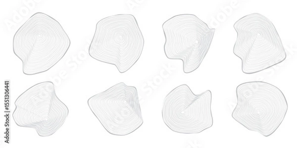 Fototapeta Set of eight graphic outline wavy concentric tree rings on wooden cuts on white. Slices wood trunk. Ripple organic circles. Hardwood stump. Vector illustration