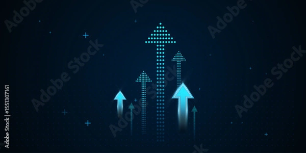 Fototapeta The arrows vary in size and brightness, creating a dynamic effect that conveys upward momentum and digital advancement. The multiple glowing blue dots arrows, vector illustration