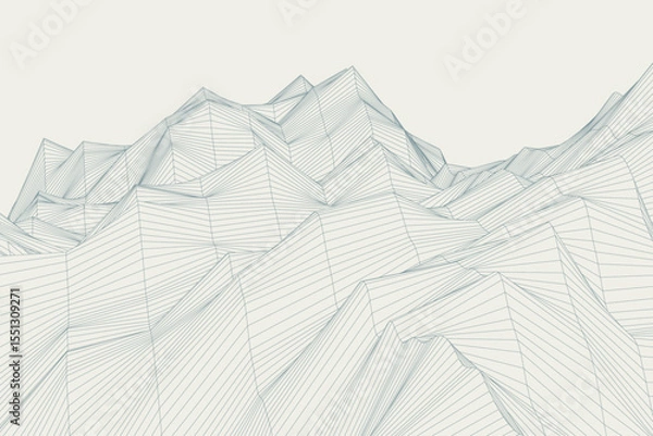 Fototapeta Abstract wireframe mountains in the geometric waves vector background showcasing layered line art in 3D perspective