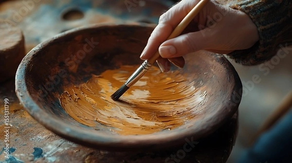 Obraz Hand painting dark surface using brown clay with brush strokes captured in soft light showing tactile craft and natural art