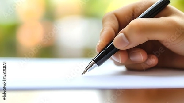 Obraz Hand Writing on blank Paper with Pen Focused on Note-Taking or Journaling Close-Up