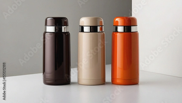 Fototapeta Three stylish insulated thermal bottles in different colors on a white surface