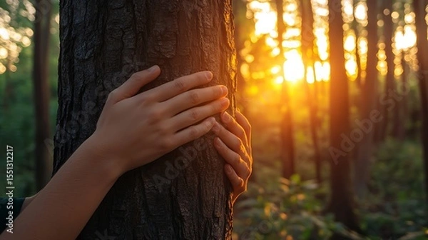 Obraz Hands embracing a tree trunk, connection to nature, serene forest background, soft sunset lighting emotional concept