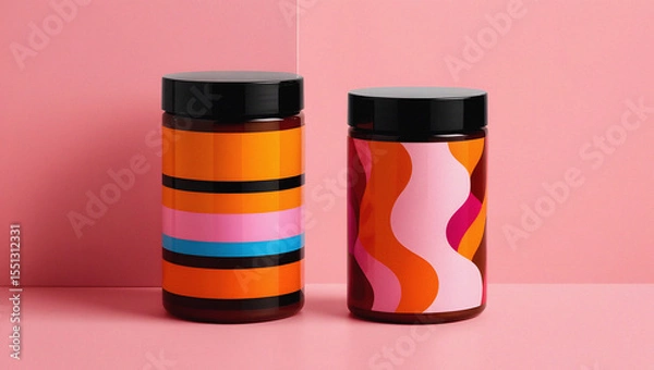 Fototapeta Two stylish jars with colorful designs and black lids on a pink background