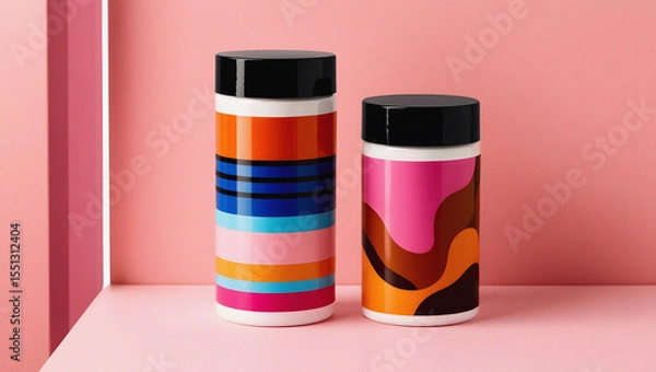 Fototapeta Two modern abstract decorative jars with colorful geometric patterns and black lids on pink background